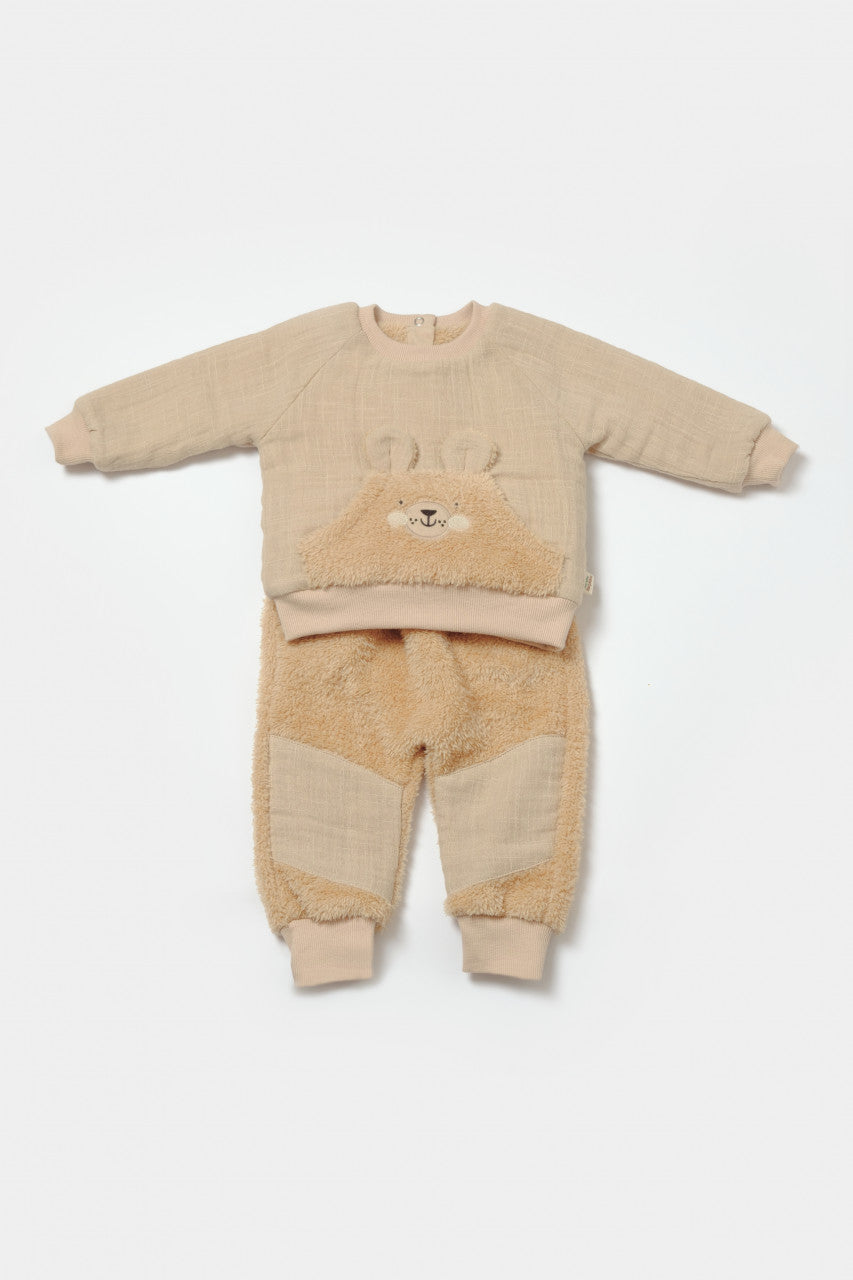 Set bluza cu buzunar si pantaloni Ursulet, Winter muselin, 100% bumbac dublat - Apricot, BabyCosy