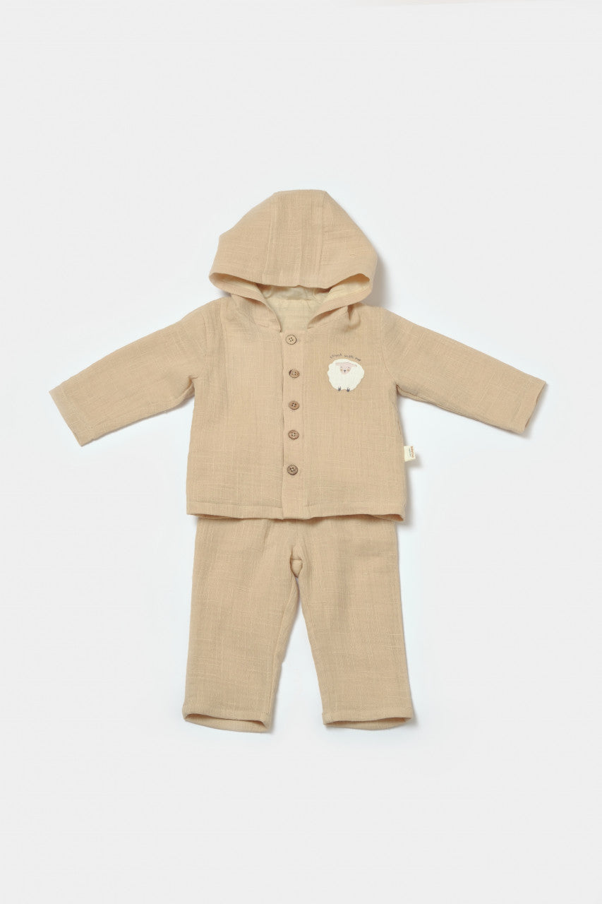 Set bluza cu gluga si pantaloni, Winter muselin, 100% bumbac - Apricot, BabyCosy