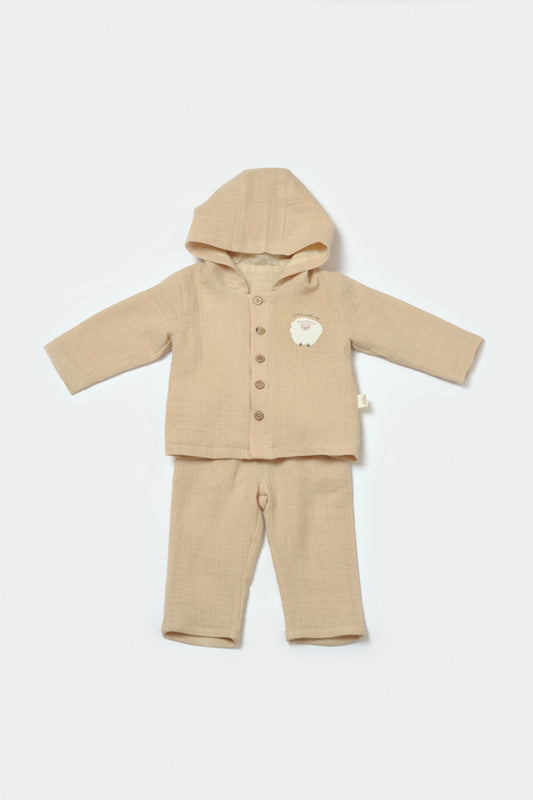 Set bluza cu gluga si pantaloni, Winter muselin, 100% bumbac - Apricot, BabyCosy