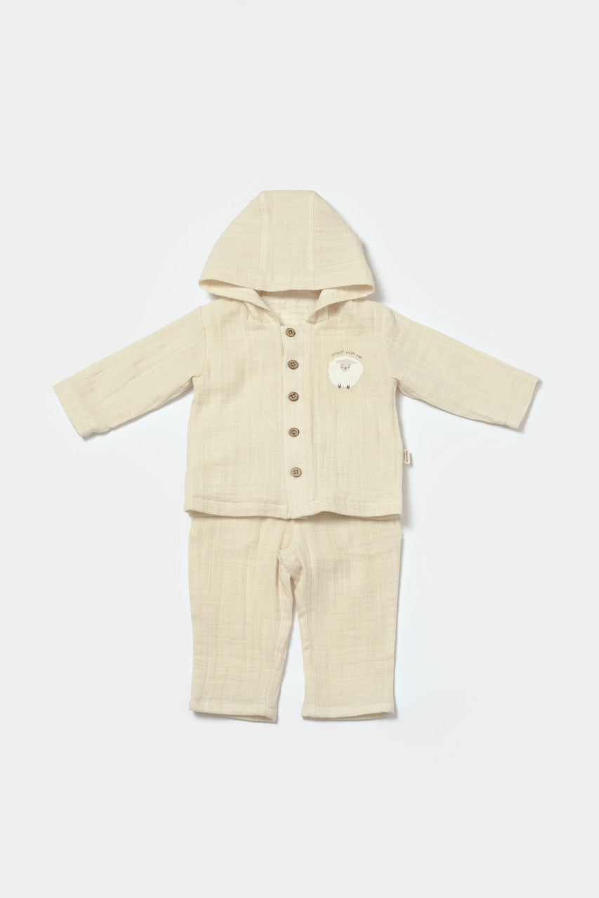 Set bluza cu gluga si pantaloni, Winter muselin, 100% bumbac - Stone, BabyCosy