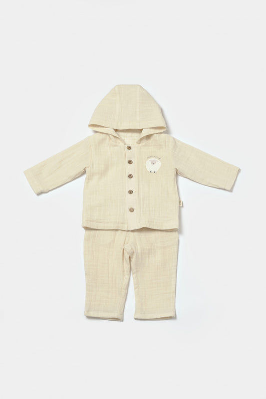 Set bluza cu gluga si pantaloni, Winter muselin, 100% bumbac - Stone, BabyCosy