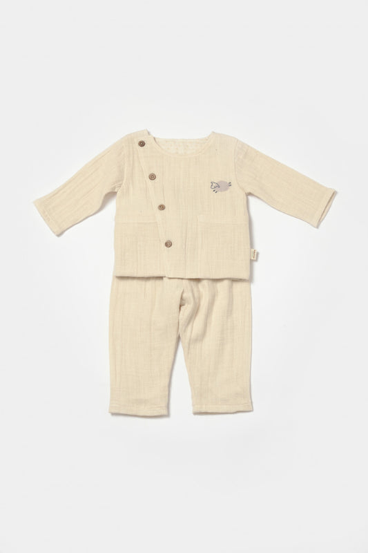 Set bluza cu nasturi si pantaloni , Winter muselin, 100% bumbac - Stone, BabyCosy