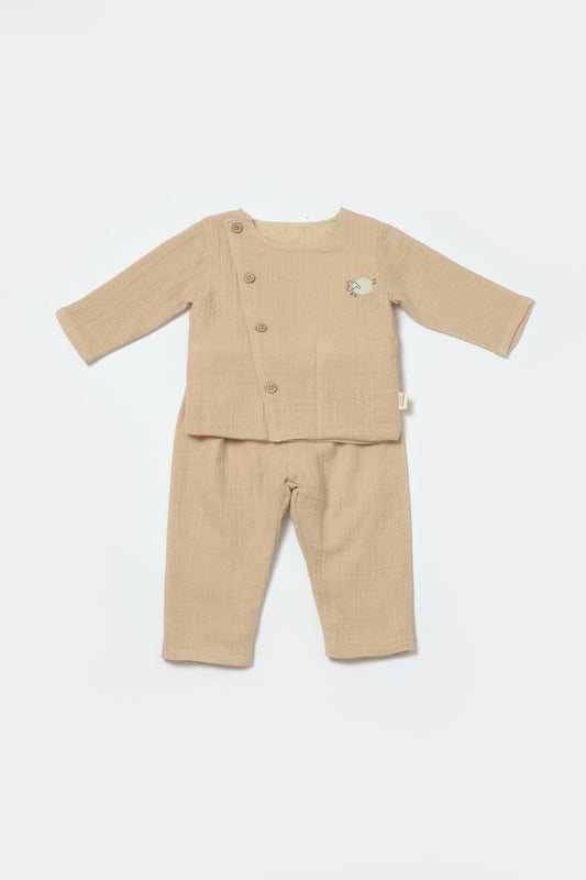 Set bluza cu nasturi si pantaloni , Winter muselin- Apricot, BabyCosy