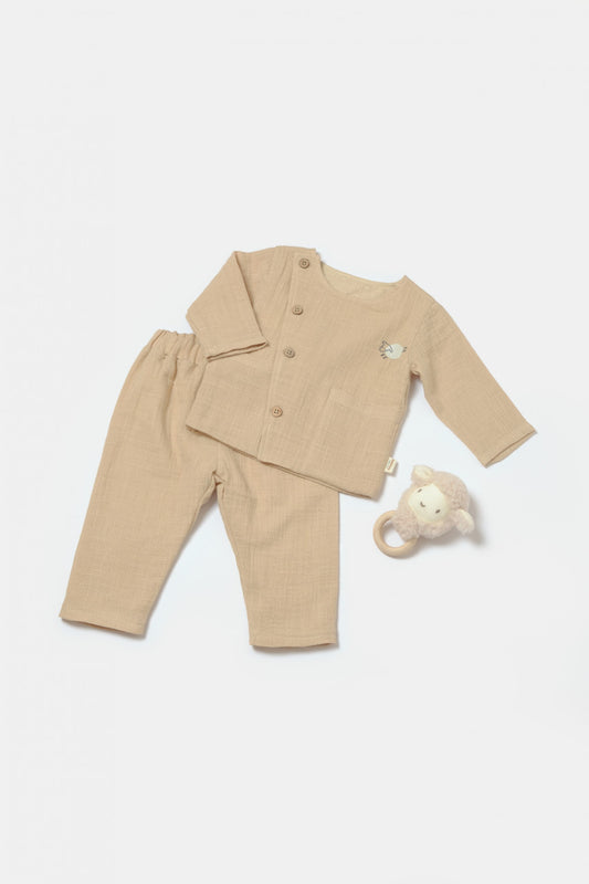Set bluza cu nasturi si pantaloni , Winter muselin- Apricot, BabyCosy