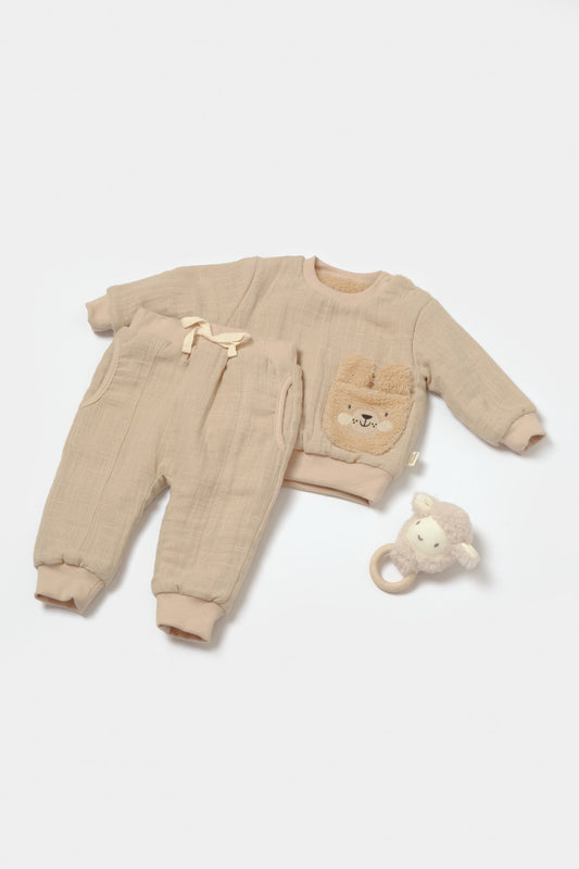 Set bluza dublata si pantaloni Ursulet, Winter muselin - Apricot, BabyCosy