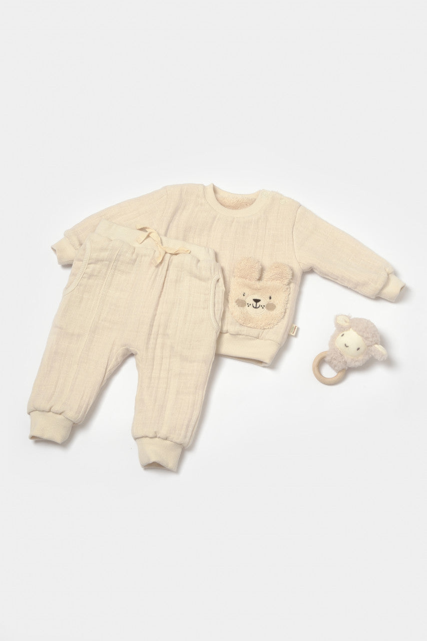 Set bluza dublata si pantaloni Ursulet, Winter muselin - Stone, BabyCosy
