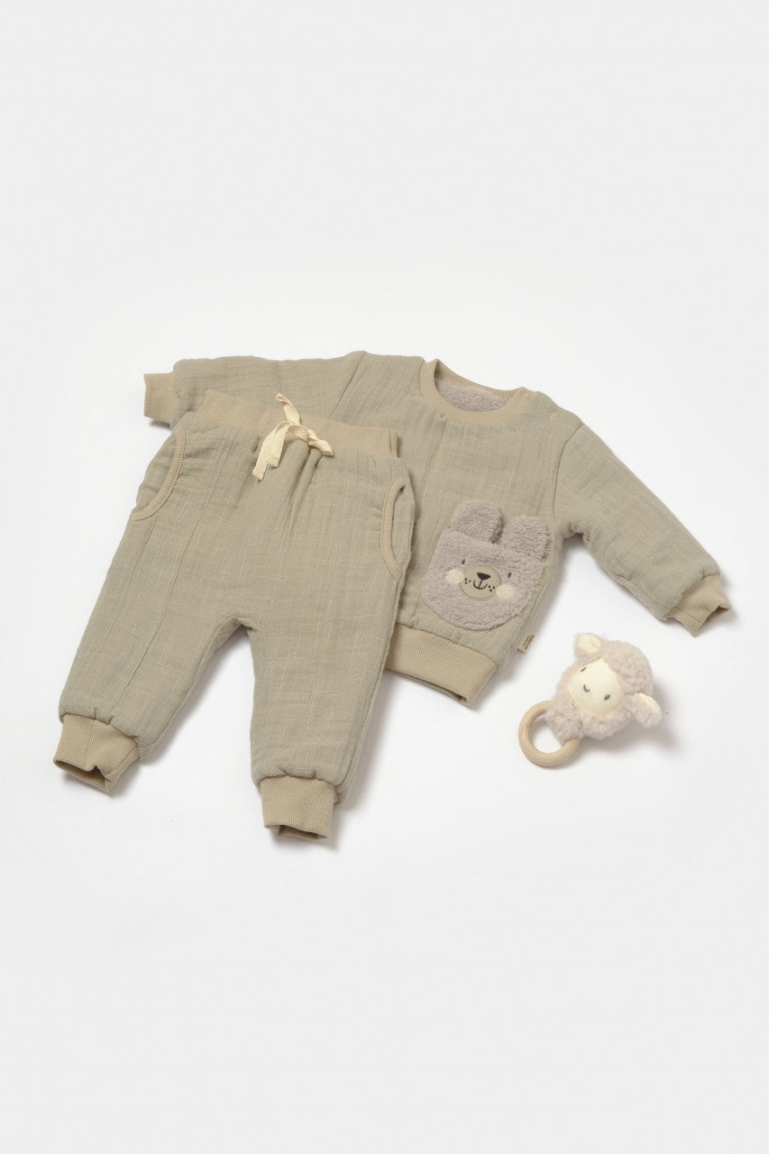 Set bluza dublata si pantaloni Ursulet, Winter muselin - Verde, BabyCosy