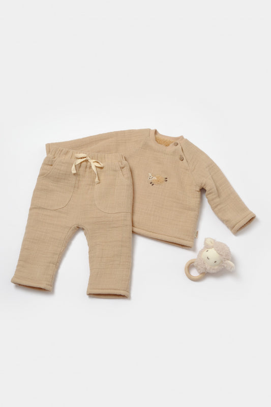 Set bluza dublata si pantaloni, Winter muselin - Apricot, BabyCosy