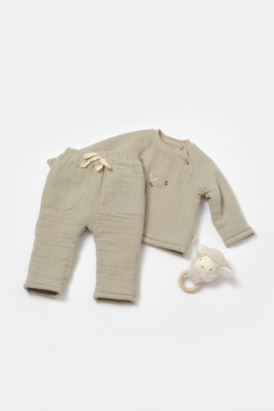 Set bluza dublata si pantaloni, Winter muselin- Verde, BabyCosy