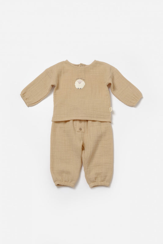 Set bluza si pantaloni, Winter muselin, 100% bumbac - Apricot, BabyCosy