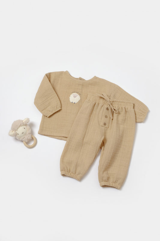 Set bluza si pantaloni, Winter muselin, 100% bumbac - Apricot, BabyCosy