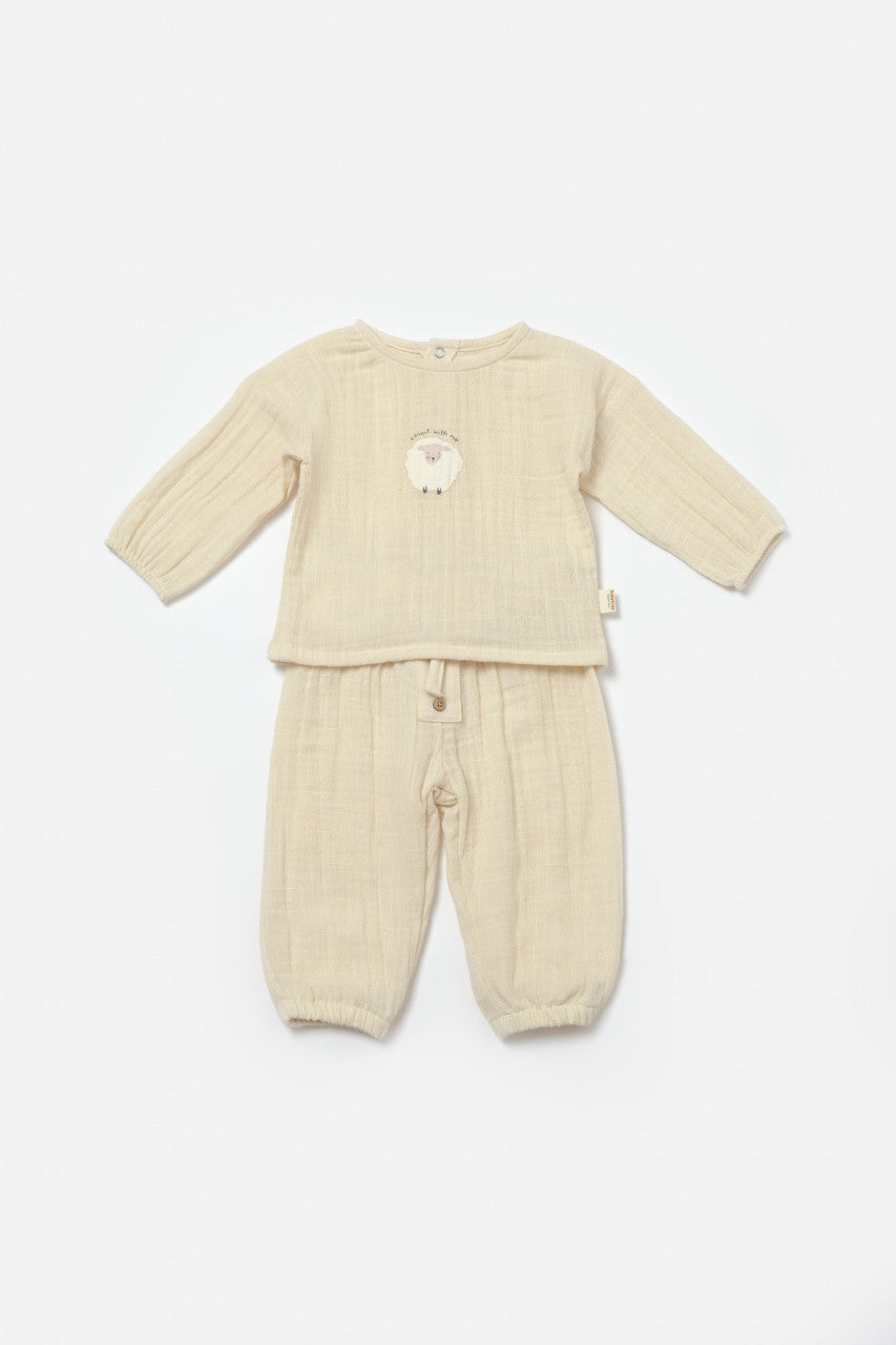 Set bluza si pantaloni, Winter muselin, 100% bumbac - Stone, BabyCosy
