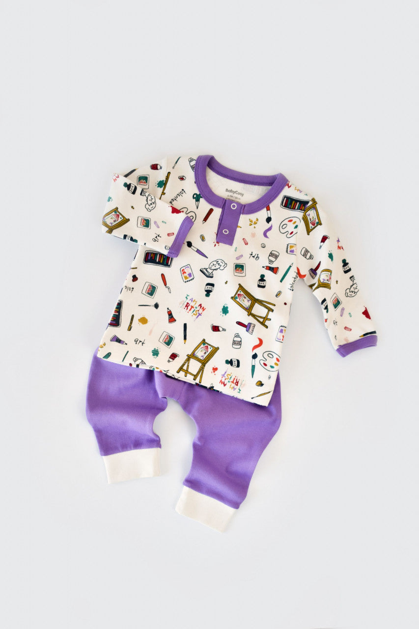 Set bluzita cu maneca lunga si nasturei si pantaloni lungi, 100% bumbac organic, BabyCosy, Mov
