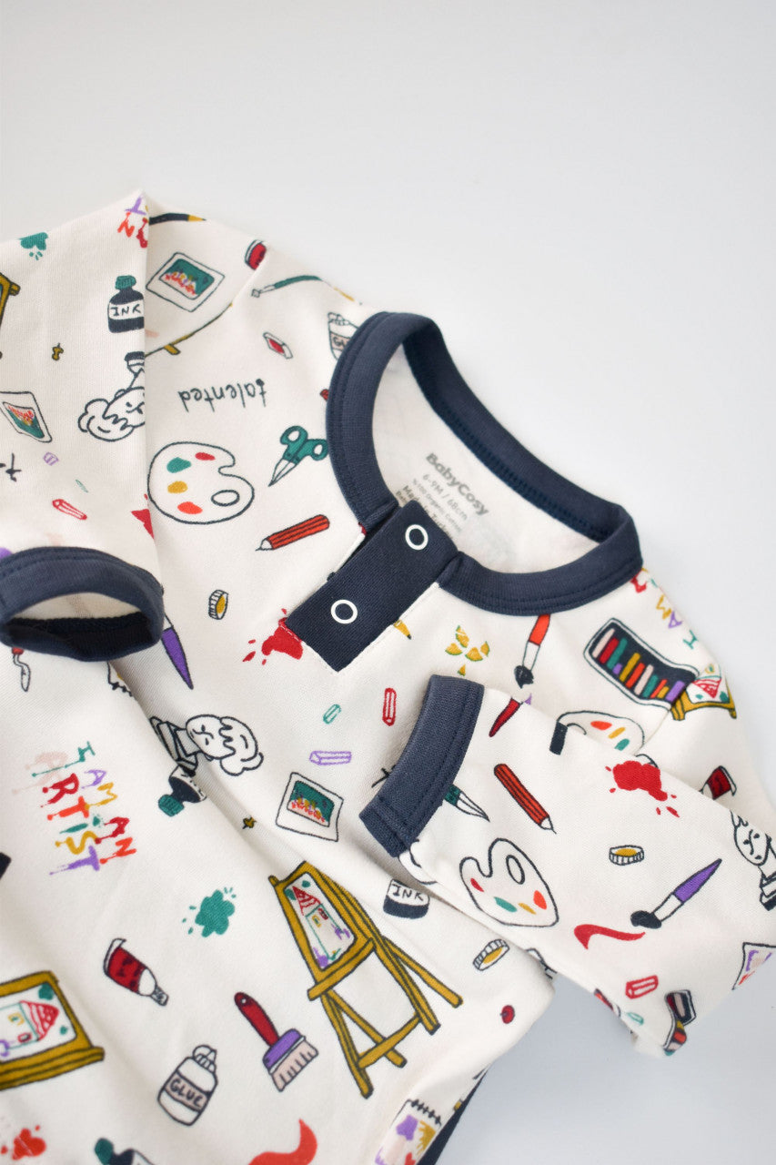 Set bluzita cu maneca lunga si nasturei si pantaloni lungi, 100% bumbac organic, BabyCosy, Bleumarin