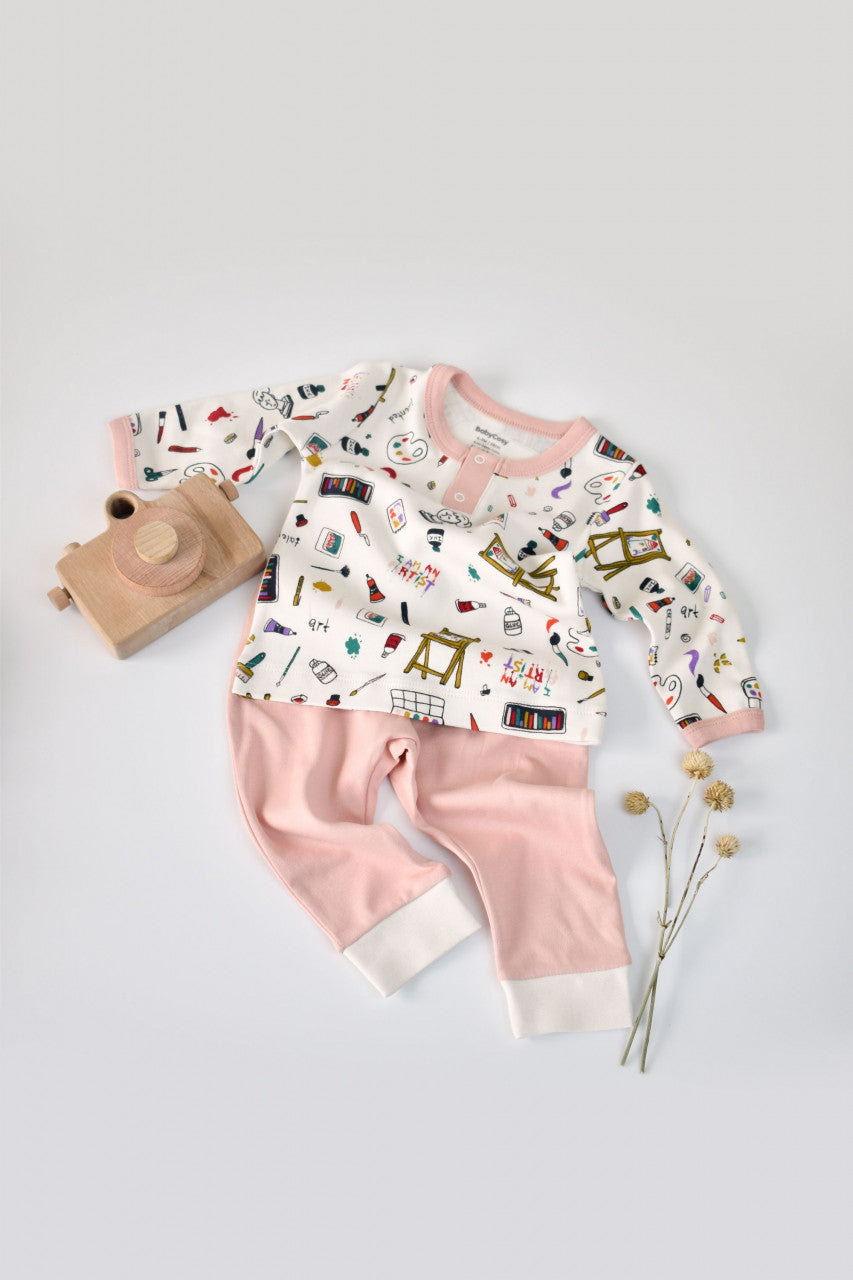 Set bluzita cu maneca lunga si nasturei si pantaloni lungi, 100% bumbac organic, BabyCosy, Pudra