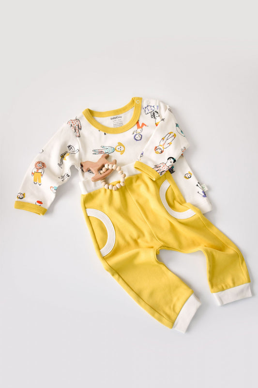 Set bluzita cu maneca lunga si pantaloni lungi, 100% bumbac organic, BabyCosy, Galben