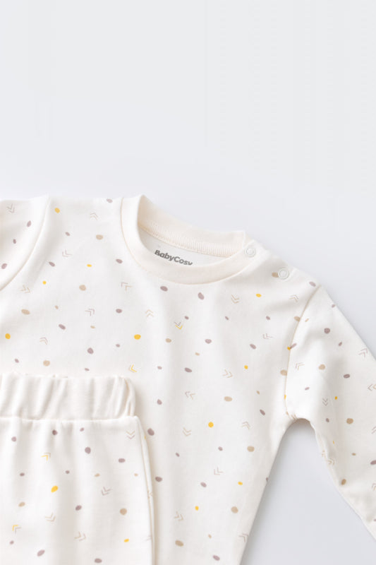 Set bluzita cu maneca lunga si pantaloni lungi - bumbac organic 100% - Ecru cu buline, BabyCosy