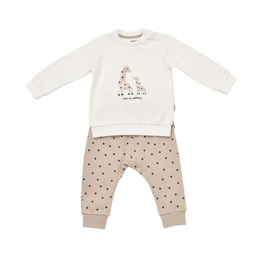 Set bluzita cu maneca lunga si pantaloni lungi cu buline Girafa, BabyCosy, 100% bumbac organic, Ecru