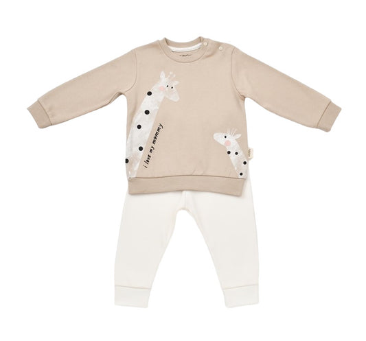 Set bluzita cu maneca lunga si pantaloni lungi cu buline Girafa, BabyCosy, 100% bumbac organic, Mink