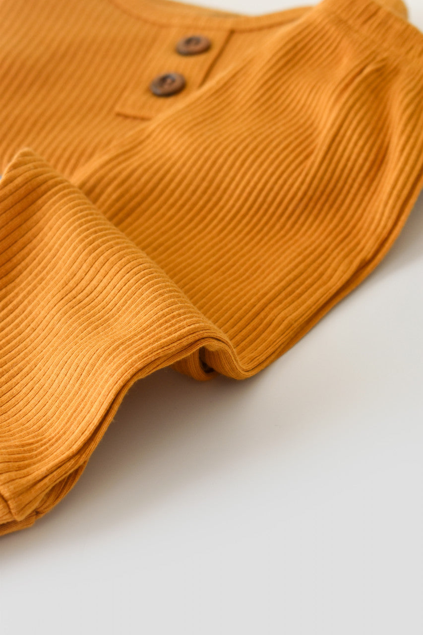 Set bluzita cu maneca lunga si pantaloni lungi din bumbac organic si modal - Mustar BabyCosy