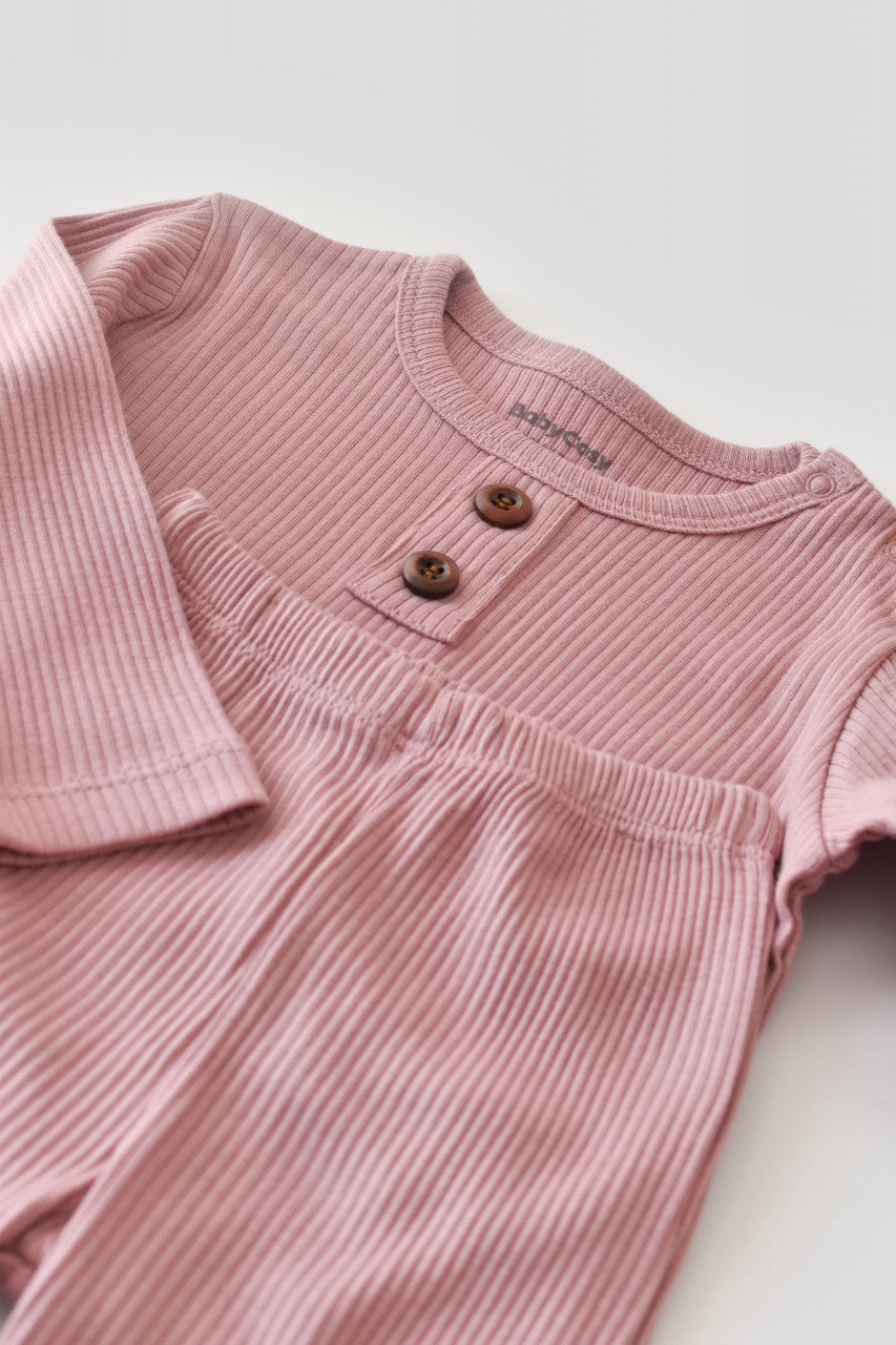 Set bluzita cu maneca lunga si pantaloni lungi din bumbac organic si modal - Roz BabyCosy
