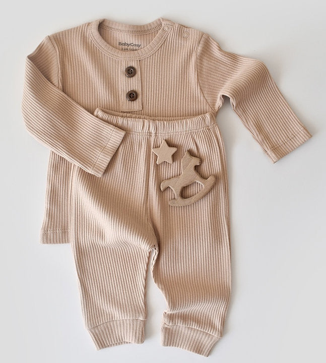 Set bluzita cu maneca lunga si pantaloni lungi din bumbac organic si modal - Blush BabyCosy