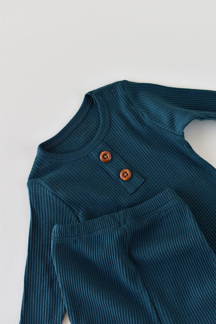 Set bluzita cu maneca lunga si pantaloni lungi din bumbac organic si modal - Bleumarin BabyCosy