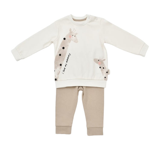 Set bluzita cu maneca lunga si pantaloni lungi Girafa, BabyCosy, 100% bumbac organic, Ecru