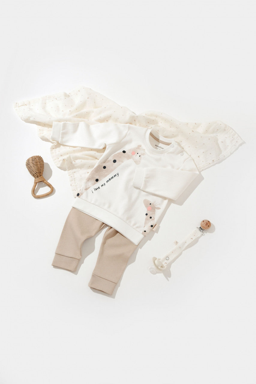 Set bluzita cu maneca lunga si pantaloni lungi Girafa, BabyCosy, 100% bumbac organic, Ecru