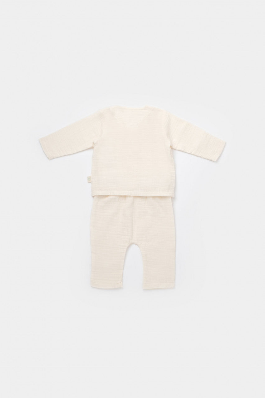 Set bluzita petrecuta si pantaloni lungi din muselina, BabyCosy, 100% bumbac organic, Ecru