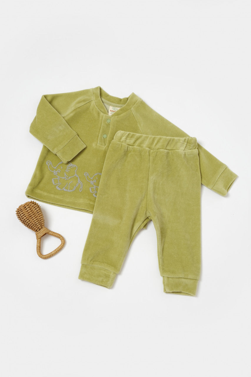 Set bluzita si pantaloni Elefant, 80%bumbac organic si 20% poliester - Verde, BabyCosy