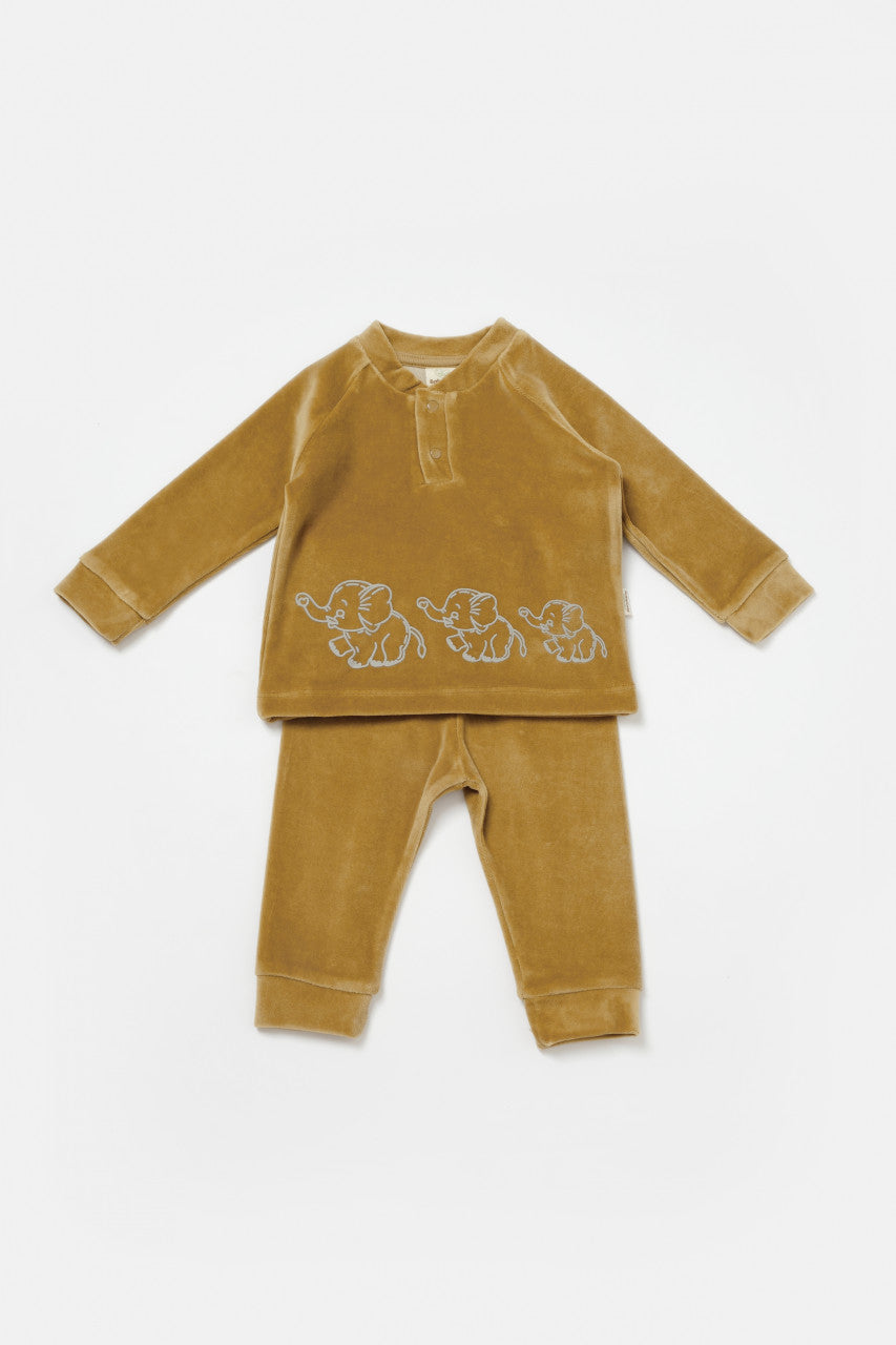 Set bluzita si pantaloni Elefant, 80%bumbac organic si 20% poliester - Mustar, BabyCosy