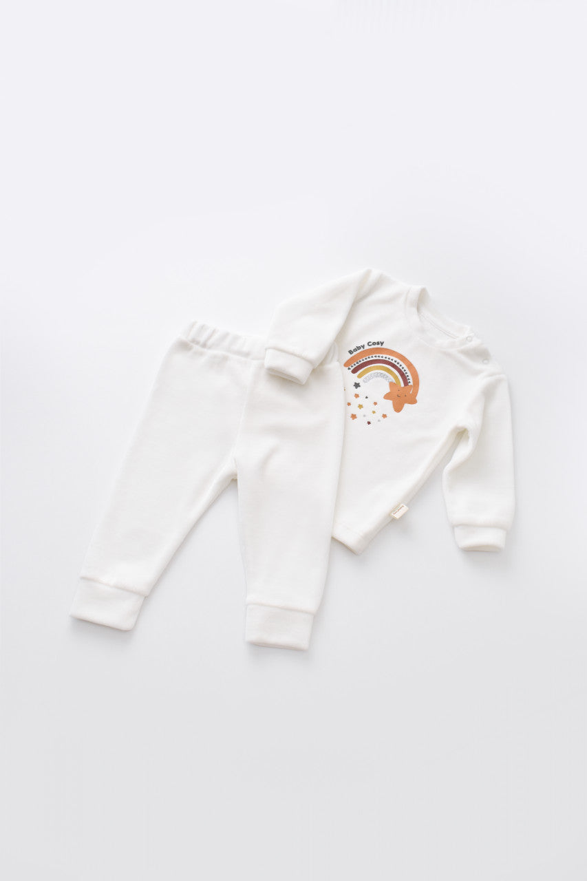 Set Curcubeu cu bluzita cu maneca lunga si pantaloni lungi din 80%bumbac organic si 20% poliester - Ecru, BabyCosy