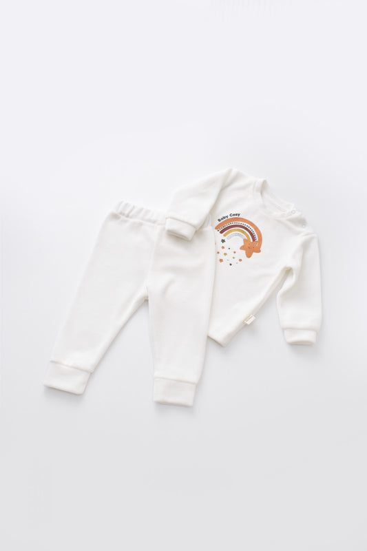Set Curcubeu cu bluzita cu maneca lunga si pantaloni lungi din 80%bumbac organic si 20% poliester - Ecru, BabyCosy