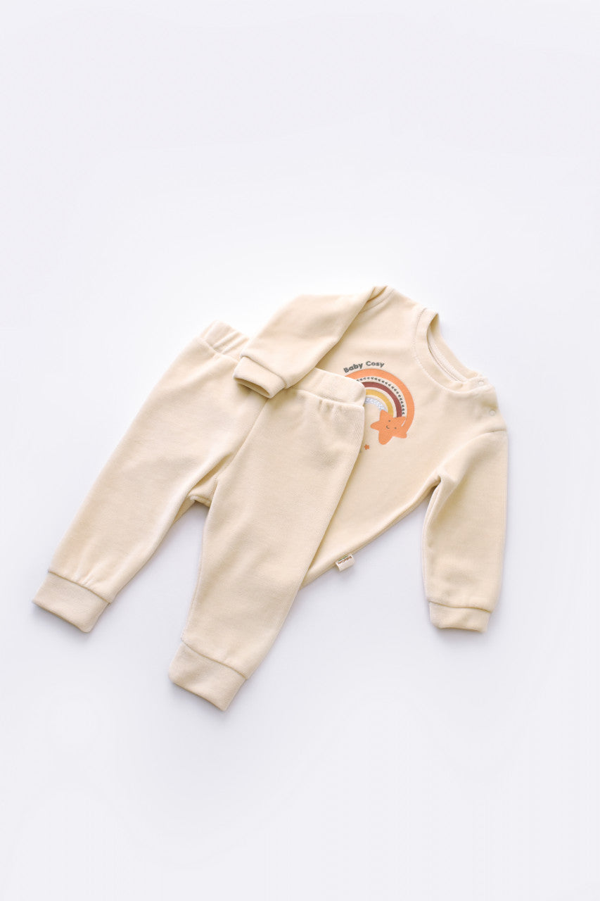 Set Curcubeu cu bluzita cu maneca lunga si pantaloni lungi din 80%bumbac organic si 20% poliester - Crem, BabyCosy