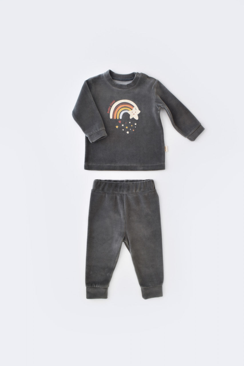 Set Curcubeu cu bluzita cu maneca lunga si pantaloni lungi din 80%bumbac organic si 20% poliester - Antracit, BabyCosy