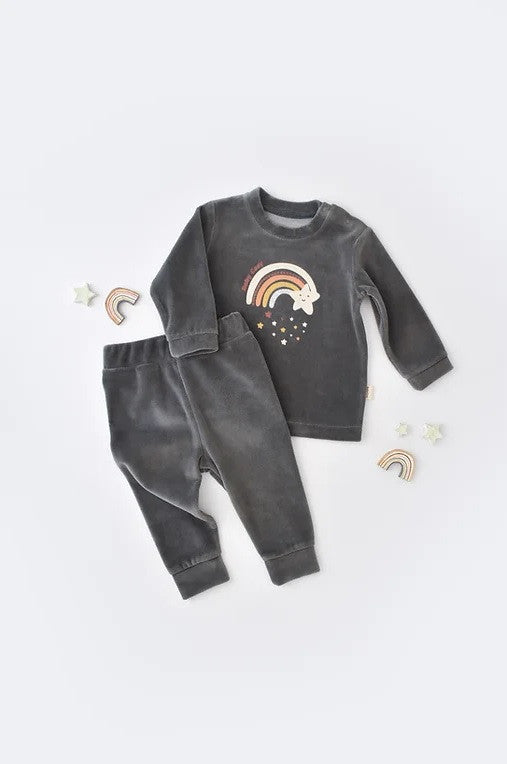 Set Curcubeu cu bluzita cu maneca lunga si pantaloni lungi din 80%bumbac organic si 20% poliester - Antracit, BabyCosy