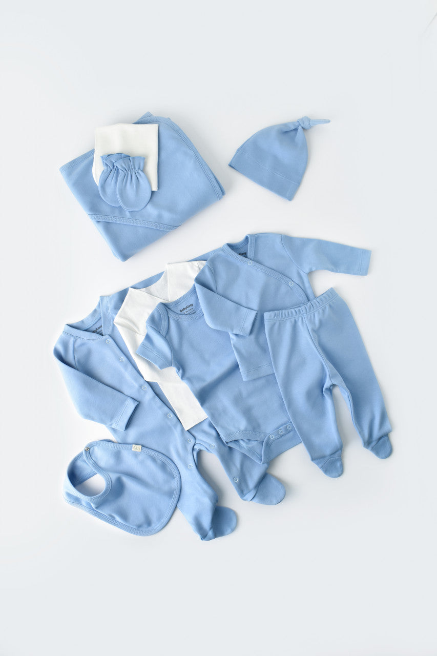 Set de 10 piese pentru nou nascut - 100% bumbac organic - Bleu, BabyCosy