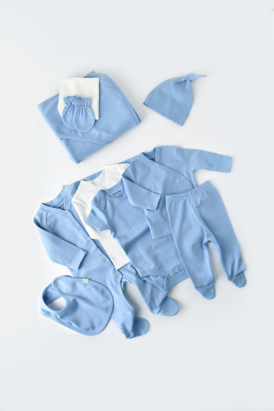 Set de 10 piese pentru nou nascut - 100% bumbac organic - Bleu, BabyCosy