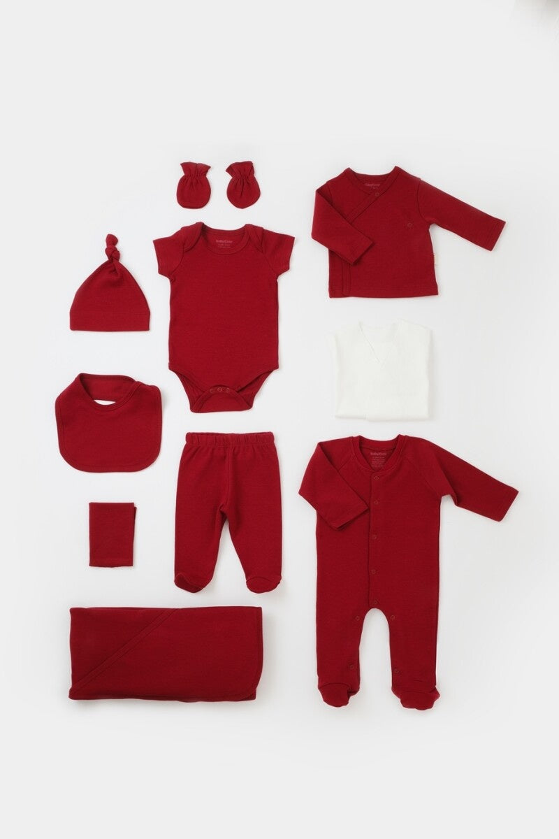 Set de 10 piese pentru nou nascut - 100% bumbac organic - Rosu, BabyCosy