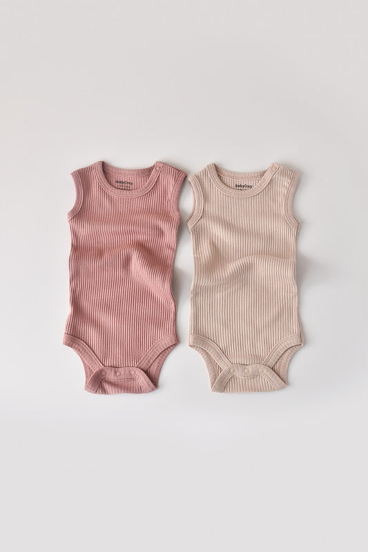 Set de 2 body-uri fara maneci din bumbac organic si modal - Roz/Blush BabyCosy