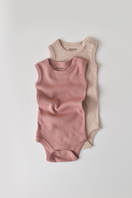 Set de 2 body-uri fara maneci din bumbac organic si modal - Roz/Blush BabyCosy