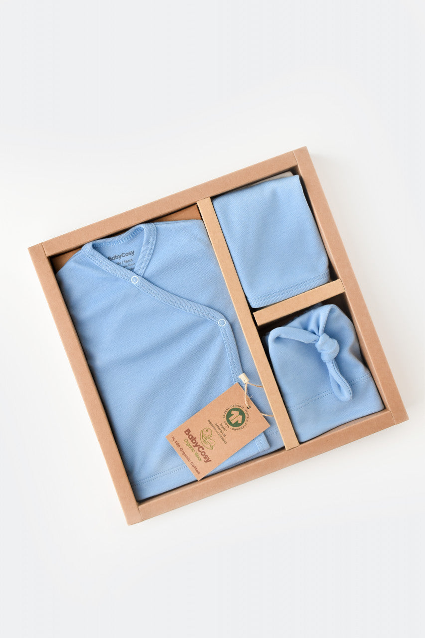 Set de 5 piese pentru nou nascut - 100% bumbac organic - Bleu, BabyCosy