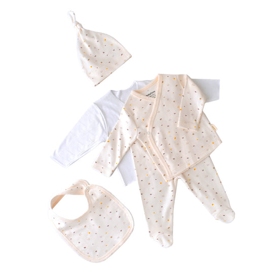 Set de 5 piese pentru nou nascut - 100% bumbac organic - Ecru cu buline, BabyCosy