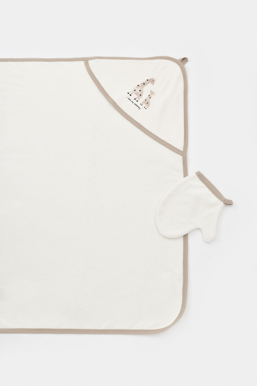 Set de baie cu prosop si manusa Girafa, BabyCosy, Ecru