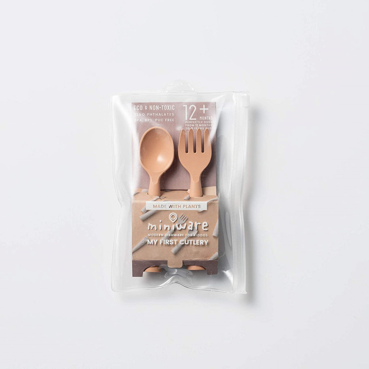 Set de tacamuri bebelusi Miniware My First Cutlery, 100% din materiale naturale biodegradabile, Toffee
