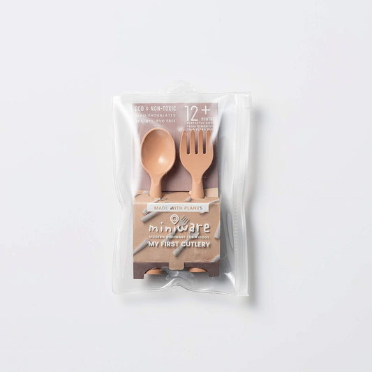 Set de tacamuri bebelusi Miniware My First Cutlery, 100% din materiale naturale biodegradabile, Toffee