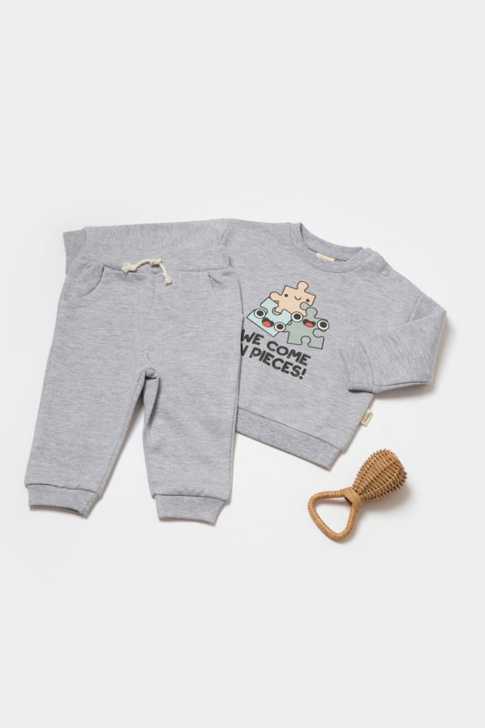 Set hanorac si pantaloni, Two thread, 100%bumbac organic - Gri, BabyCosy
