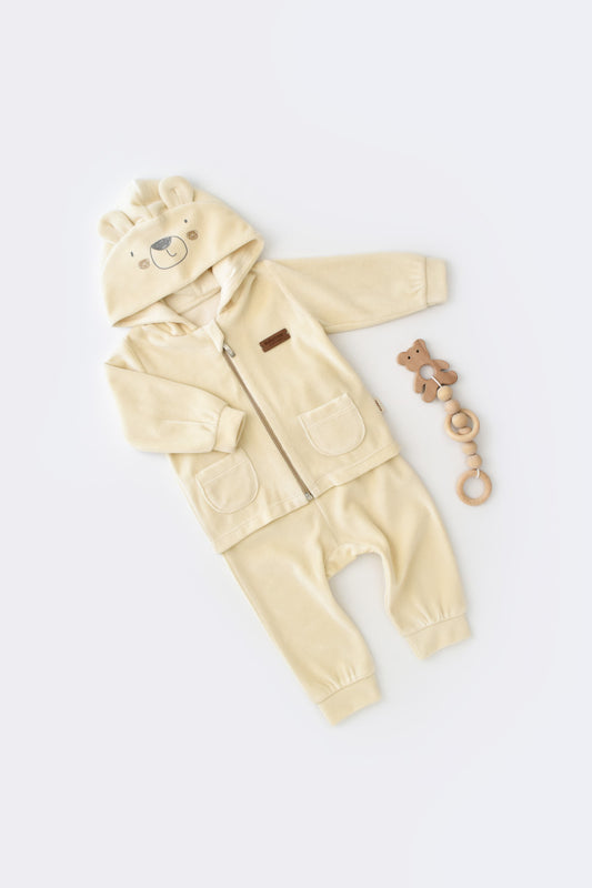 Set Ursulet cu bluzita cu fermoar si gluga si pantaloni lungi din 80%bumbac organic si 20% poliester - Crem, BabyCosy