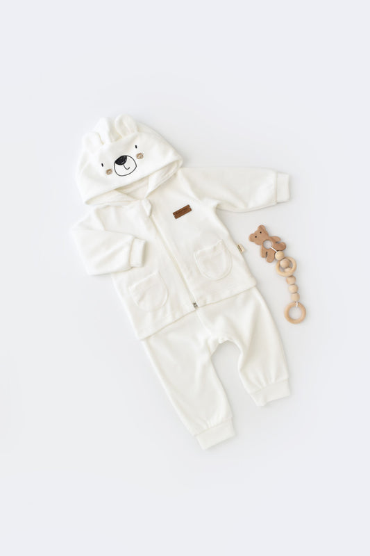 Set Ursulet cu bluzita cu fermoar si gluga si pantaloni lungi din 80%bumbac organic si 20% poliester - Ecru, BabyCosy